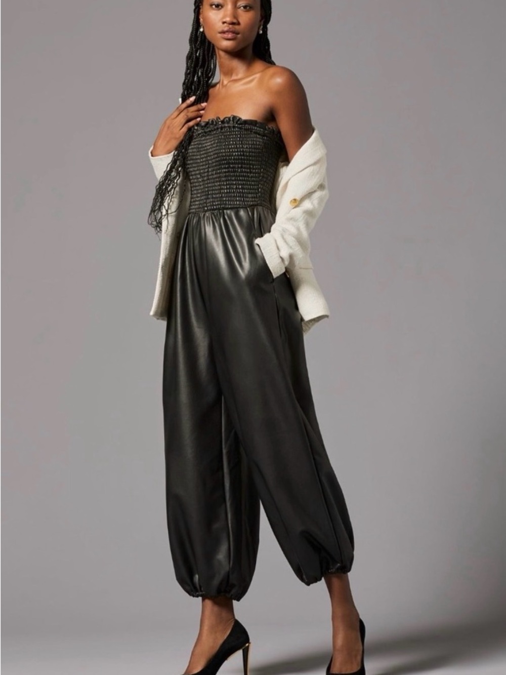 Anthropologie Strapless Faux Leather Balloon Pant Jumpsuit in Black